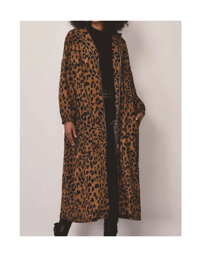 Women Fall Winter Coat Leopard Print Long Overcoat Lapel Long Sleeve Zipper Loose Tops